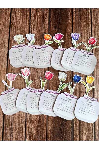 Sticker Ekspres 2026 Lale Desenli Ahşap Standlı Özel Tasarım Takvim Çiçekli Masa Takvimi Hediye