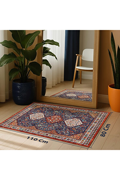 Home Soul Lightweight Qashqai-style heritage rug | Dense symbolic pattern in dark blue and rust