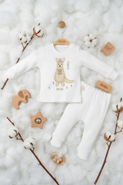 zubi baby & kids wear Cute Kangaroo Embroidered 100% Cotton White Ribbed Baby Set