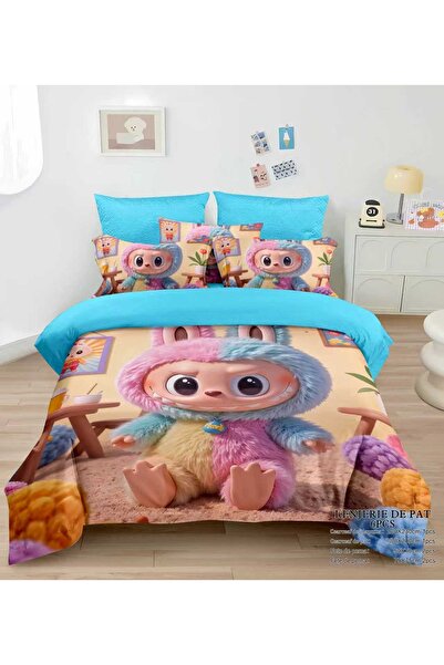 Lenjeria Familiei Tale Double bed linen 6 pieces fine with elastic – Labubu model blue, colorful
