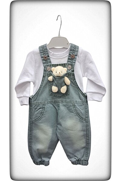 Özgün Baby Ayı Oyuncaklı Paça Lastikli Cep Detaylı Kot Bebek Salopet takım