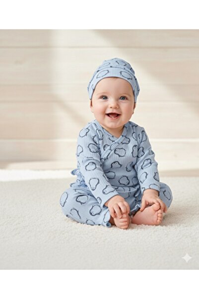 Baby Maa Penguin Patterned Printed 100% Cotton Newborn Top-Down Set and Hat (...