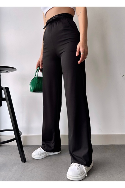 LACHT Women's Black Knitted Wide-Leg Pants