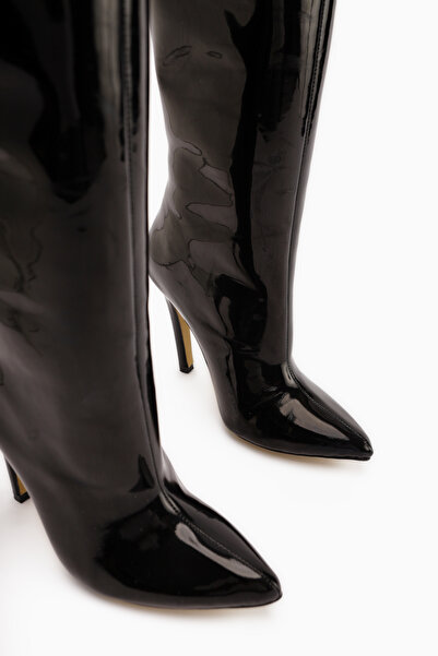 Limoya Sonita Black Patent Leather Thin Heeled Women's Boots