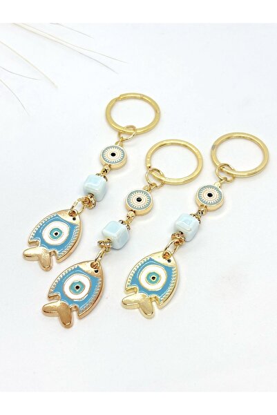 Azrua Light Blue Fish Stone Metal Keychain, Lucky Keychain, Metal Evil Eye Bead Keychain