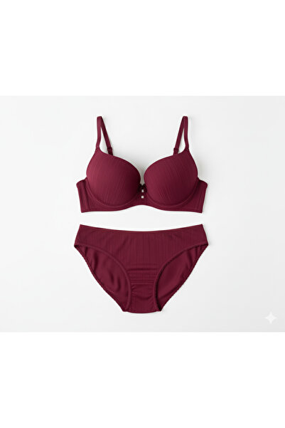 SOMOR طقم حمالة صدر وسروال داخلي مبطن للنساء – أحمر داكن / كريمي / أسود / بود...