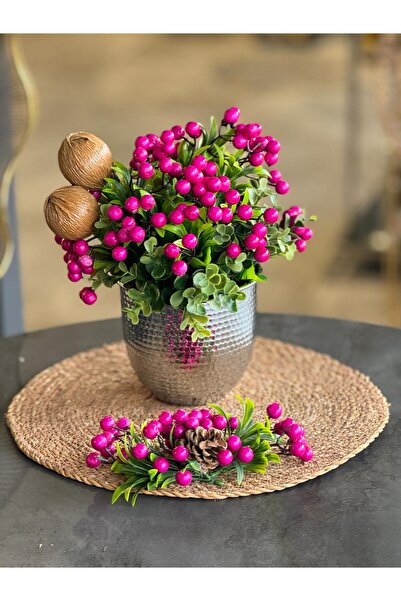 TASARIMHMODA Yapay Pembe Kokinalı Dövmeli Vazo Gümüş + Hasır Supla