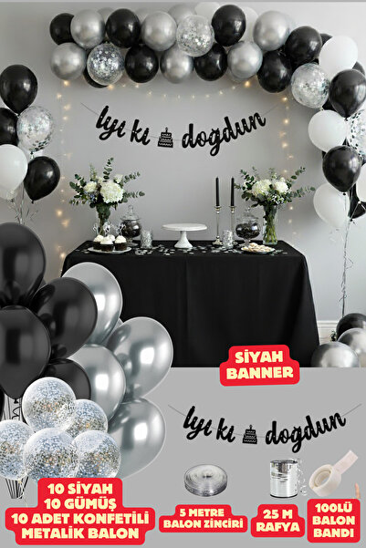Baloncu Dede Siyah İyiki Doğdun Yazılı Banner Siyah Gümüş Balon Seti Doğum Gü...