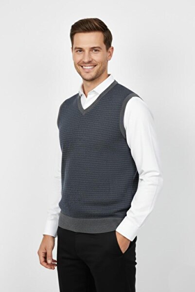 Triko Nehir Men's V-Neck Sweater Steel Knit Regular Fit Bgl-St04840