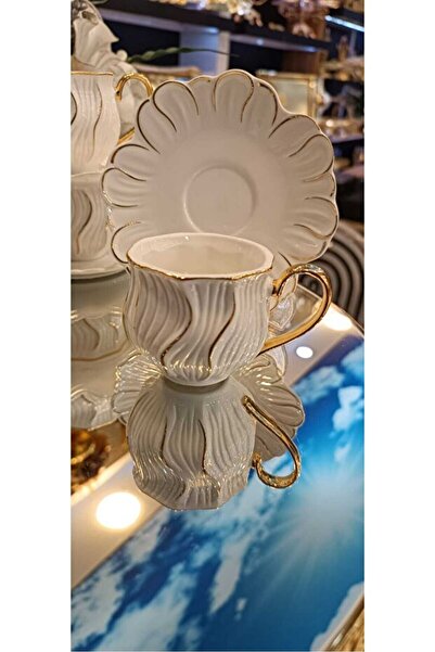 Kosova Züccaciye White Porcelain Gold Handle Coffee Cup Set