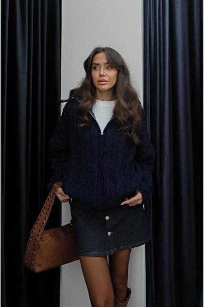 Havoş Navy Blue Zippered Hair Knit Sweater