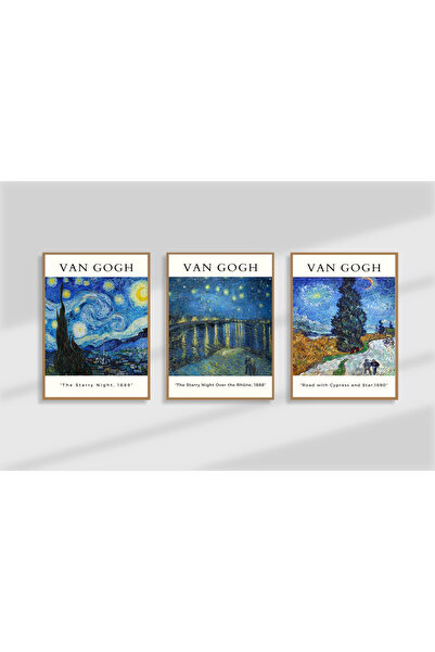 Tuba Decor 3 Parça Ahşap Çerçeve Görünümlü bohem MDF Tablo Seti van gogh