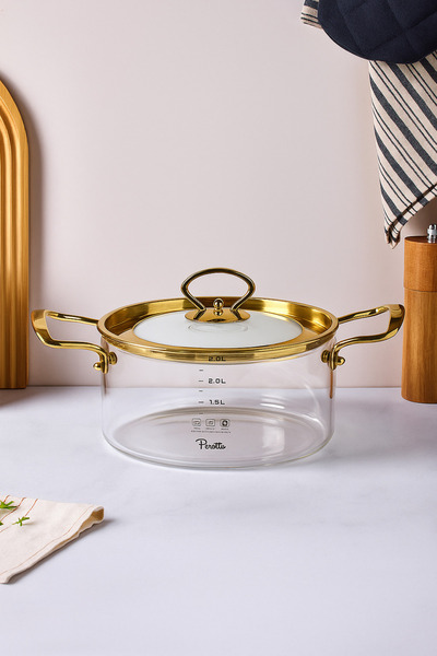 FODİS 2.5 L Glass Pot with Gold Lid 20X11 cm