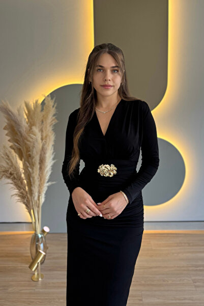 Aventien Draped Elegant Black Long Dress with Belt Accessory