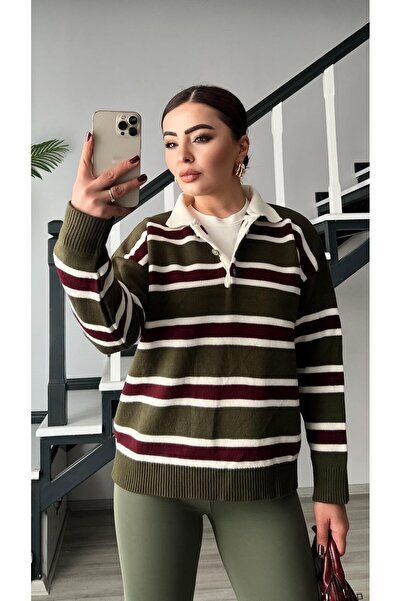 MODA BORSASI Olive Green Polo Neck Striped Women's Knitwear Sweater