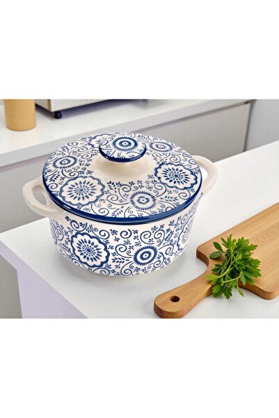 shop Porcelain Soup Bowl Decorative White Blue Patterned with Lid 600 ml