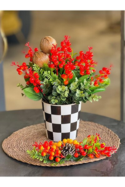 TASARIMHMODA Yapay Turuncu Kokinalı Damalı Seramik Vazo + Hasır Supla