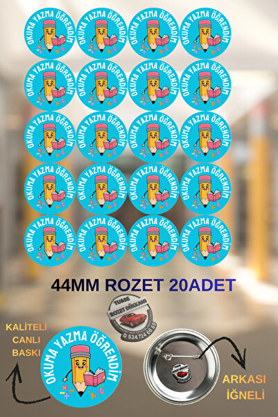 tuse rozet dükkanı Okuma Yazma Öğrendim Rozeti 44mm | 20 Adet Öğrenci Rozeti