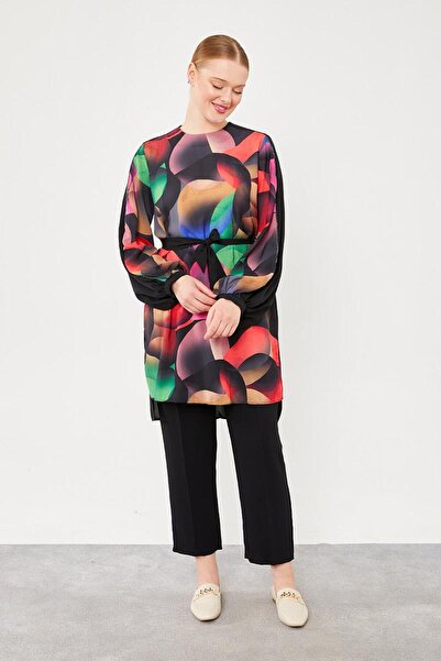 Levidor Black Balloon Pattern Waist-Tied Tunic