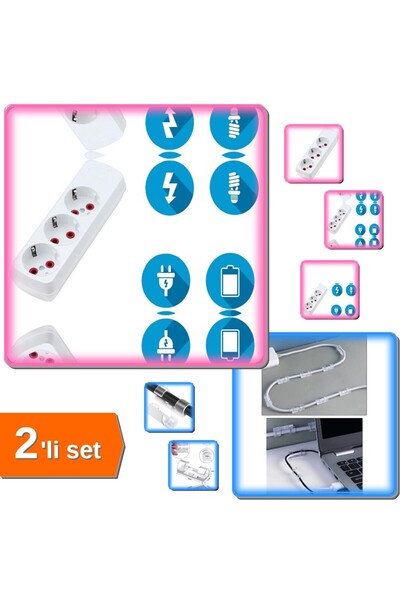 HerEveOyuncak Topraklı 3lü Priz 10 Metre + Kablo Sabitleyici Klipsler 20 Adet...