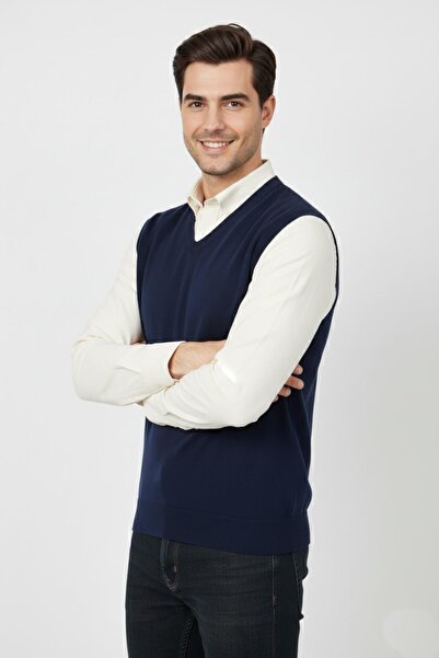 Triko Nehir Men's V-Neck Sweater Steel Knit Regular Fit Bgl-St04839