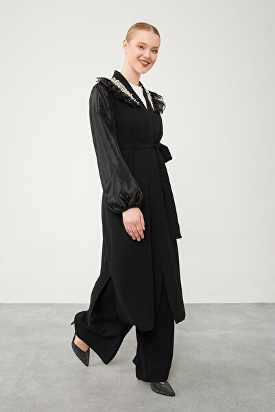 Levidor Black Chiffon Trousers and Embroidered Shoulder Set