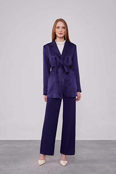 Levidor Navy Blue Houndstooth Pattern Jacquard Jacket Set