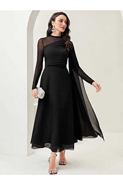 Monapera Yarım Balıkçı Yaka Uzun Kollu Tül Detay Tasarım Midi Elbise