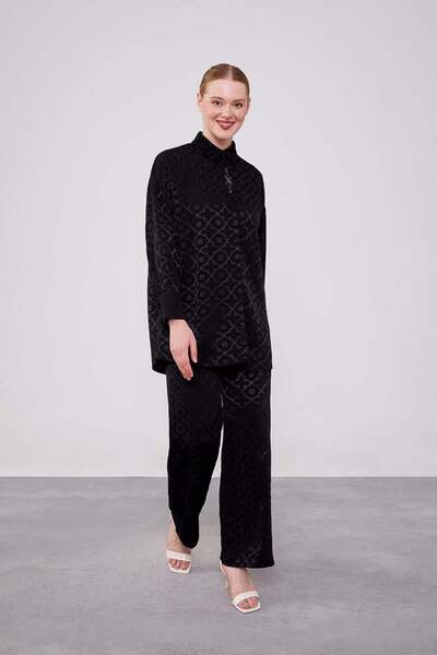 Levidor Διπλό Σετ Ζακάρ Μαύρο με Λουλούδια