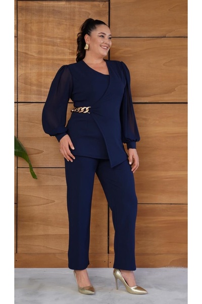 Butik Nilyam Women's Plus Size Double-Breasted Lapel Chiffon Sleeve Chain Brooch Detail Blouse Pants Evening Dress Suit 25066