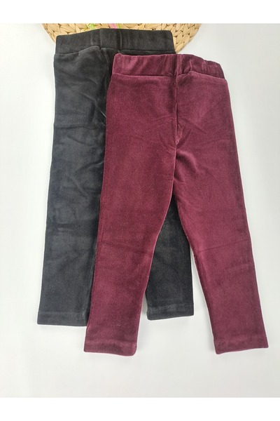 Butik Girls' Double Velvet Leggings Winter Leggings Black and Burgundy Color