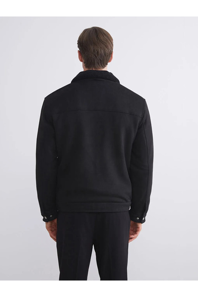 LC Waikiki Vision Black Slim/ Slim Fit Fur Collar Plush Lined Suede Men's Coat