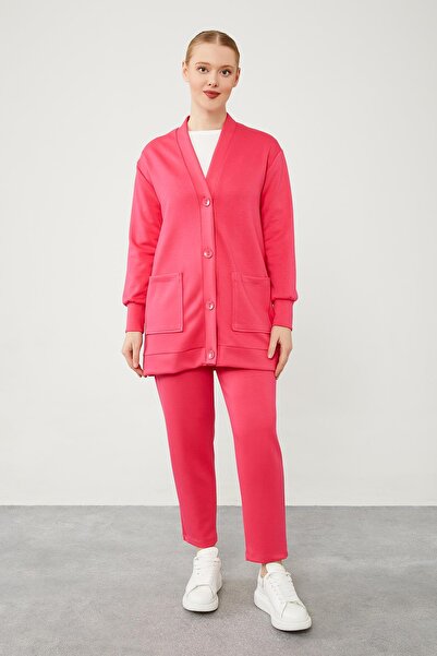 Levidor Fuchsia Button Closure Cardigan Suit with Pants