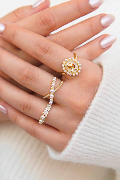 TREND COLLECTİON Altın Renk İnci Detaylı Zarif Kadın Yüzük Seti - 3 Adet