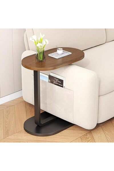 Generic TRUNYAQI C-Shaped Side Table, Modern Slide-Under Sofa/Bed Table, 18in x 12in (Walnut & Black)