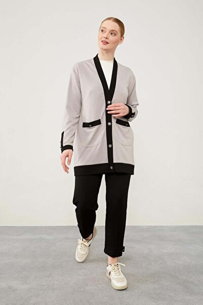 Levidor Gray-Black Ribbed Button Detailed Cardigan Suit