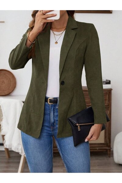 buğrahayalin Women's Long Sleeve Collared Single Button Suede Jacket