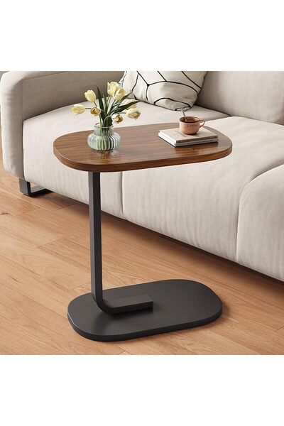 Generic TRUNYAQI C-Shaped Side Table, Modern Slide-Under Sofa/Bed Table, 18in x 12in (Walnut & Black)