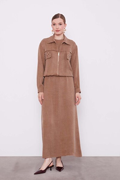 Levidor Camel Stone Detailed Zippered Jacket Set