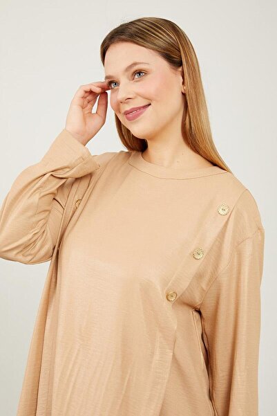 Levidor K.Beige Button Detailed Crew Neck Double Suit