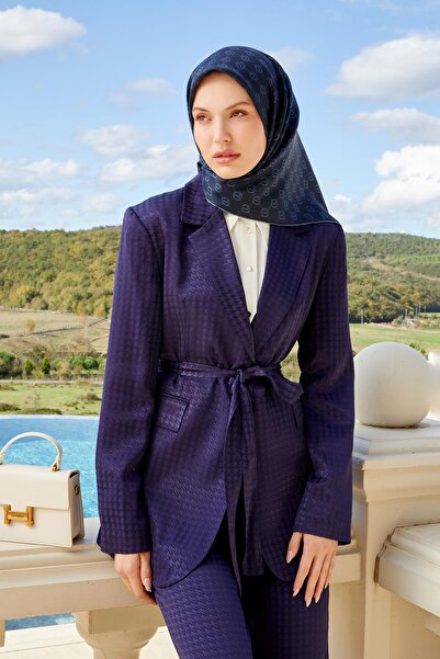 Levidor Navy Blue Houndstooth Pattern Jacquard Jacket Set