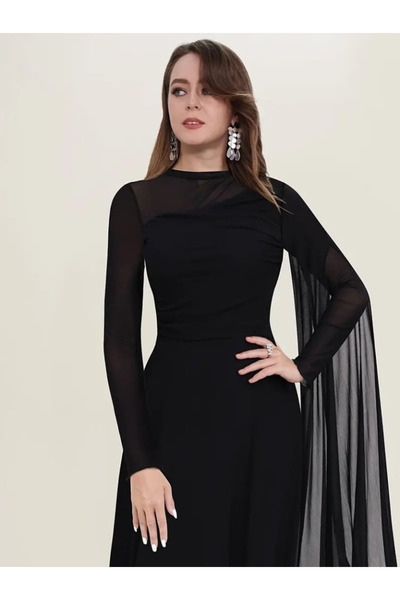 Masspera Yarım Balıkçı Yaka Uzun Kollu Tül Detay Tasarım Midi Elbise