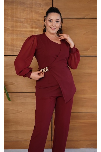 Butik Nilyam Women's Plus Size Double-Breasted Lapel Chiffon Sleeve Chain Brooch Detail Blouse Pants Evening Dress Set 25067