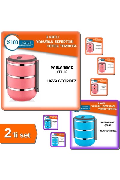 HerEveOyuncak Sefer Tası Yemek Termosu Saklama Kabı 3lü - Pembe + Mavi - Uzun Süre Sıcak Tutma - 2li Set JF5JI7