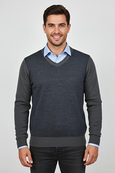 Triko Nehir Men's V-Neck Knitwear Sweater Steel Knit Regular Fit Bgl-St04838