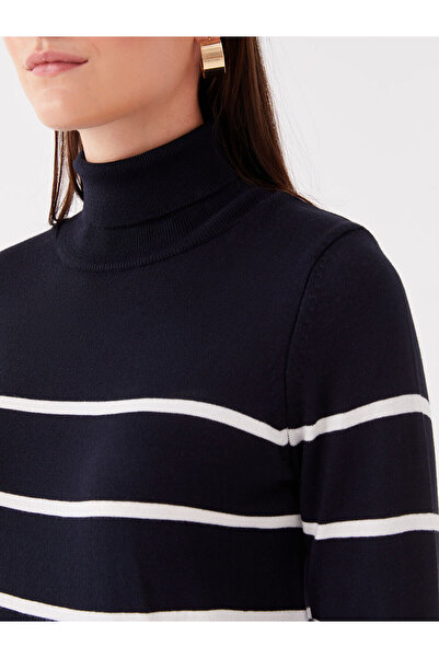 LC Waikiki Navy Blue Turtleneck Striped Long Sleeve Women's Knitwear Sweater