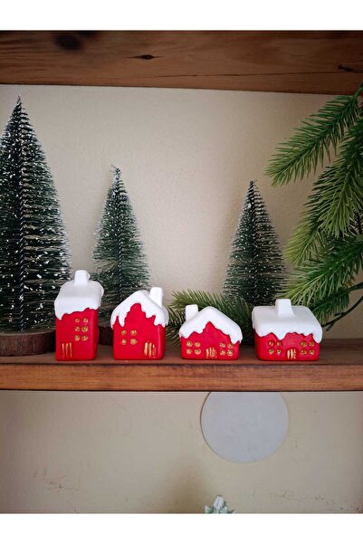 Dekorasyon Bahçesi Set of 4 Mini Christmas Houses – Hand-Painted Decorative C...