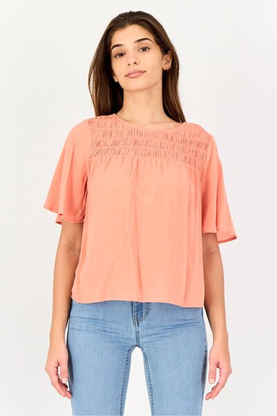 Levi's Women Round Neck Ruffle Sleeve Ruched Top, Coral