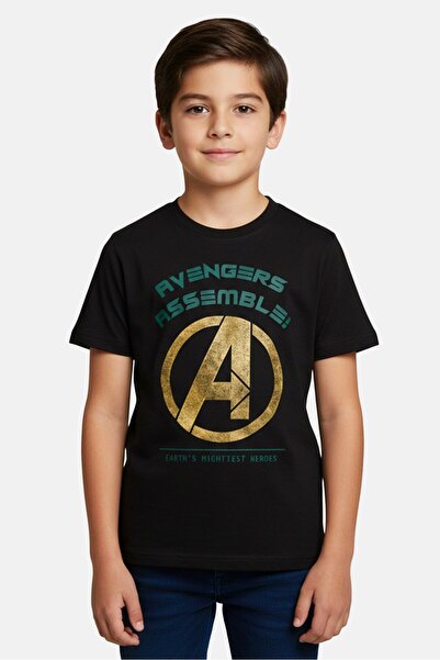 Marvel تي شيرت مطبوع عليه رسومات بأكمام قصيرة للأولاد الصغار، أزرق داكن