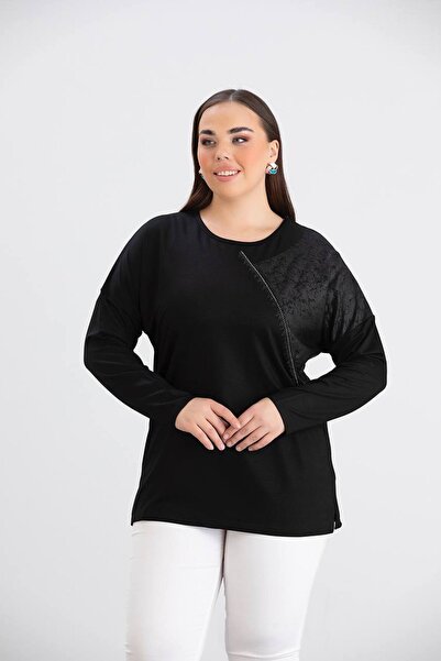 MODA Bluză tunică de damă, mărime mare, elastică, cu detalii din piele și apl...